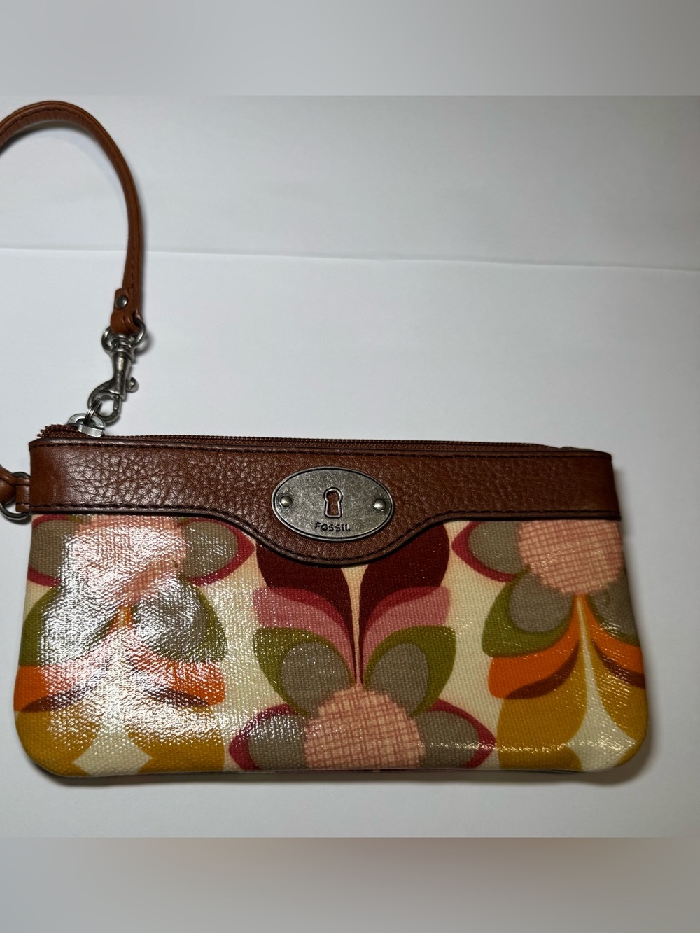 Fossil Key-Per Retro Floral Coated Canvas Wristlet Wallet with Leather Trim